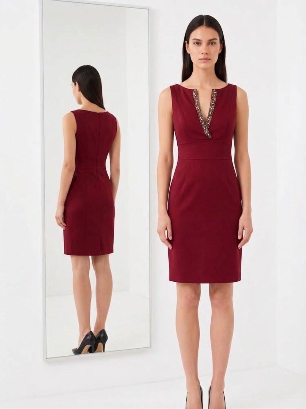 Kay Unger Burgundy Sleeveless Sheath Dress with Embellished V-Notch, 8